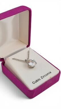 Vintage Cubic Zirconia Solitaire Necklace 18" Silver Tone Chain Boxed